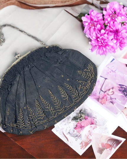 Antique 1910 black sateen hand beaded wristlet purse bag