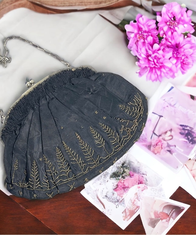 Antique 1910 black sateen hand beaded wristlet purse bag