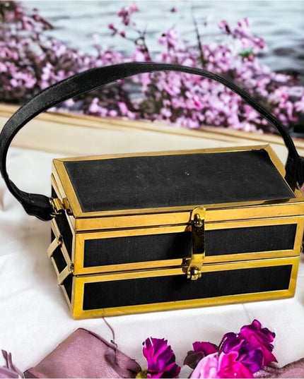 Vintage 1950s gold metal sateen black folding box purse
