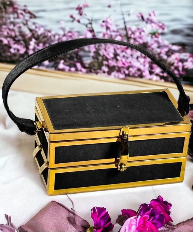 Vintage 1950s gold metal sateen black folding box purse