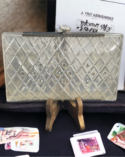 Vintage 1950s Lucite plastic rhinestone clutch purse