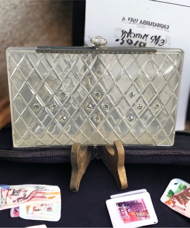 Vintage 1950s Lucite plastic rhinestone clutch purse