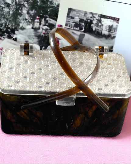 Merle Norman 1970's Faux Tortoise Shell Lucite Cosmetic Case Box box purse