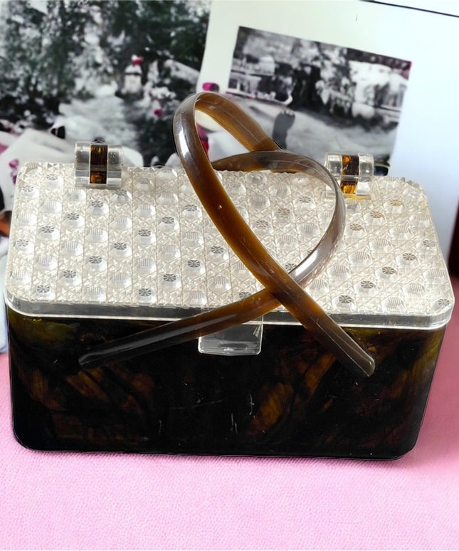 Merle Norman 1970's Faux Tortoise Shell Lucite Cosmetic Case Box box purse