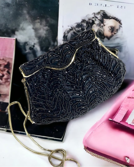Vintage 1960s GOLDCO Fancy black seed bead evening bag gold hardware