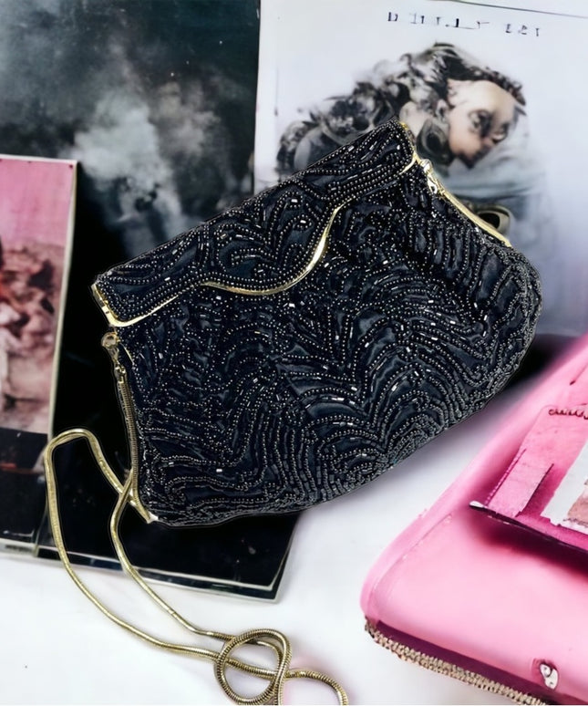 Vintage 1960s GOLDCO Fancy black seed bead evening bag gold hardware