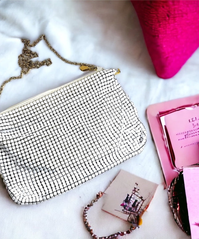 Vintage DU-VAL Stark White metal mesh Chain Mail shoulder bag purse party