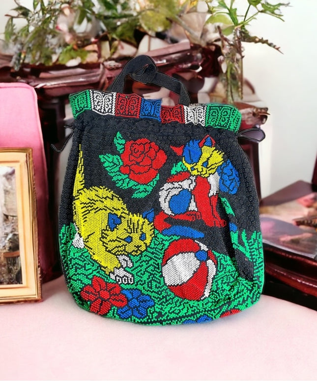 Vintage 1960s Hong Kong kitty cat seed bead draw string colorful shoulder bag