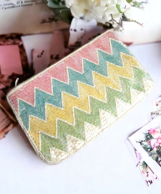 Vintage 1960s Seed bead GOLDCO pastel color clutch bag purse blue pink yellow