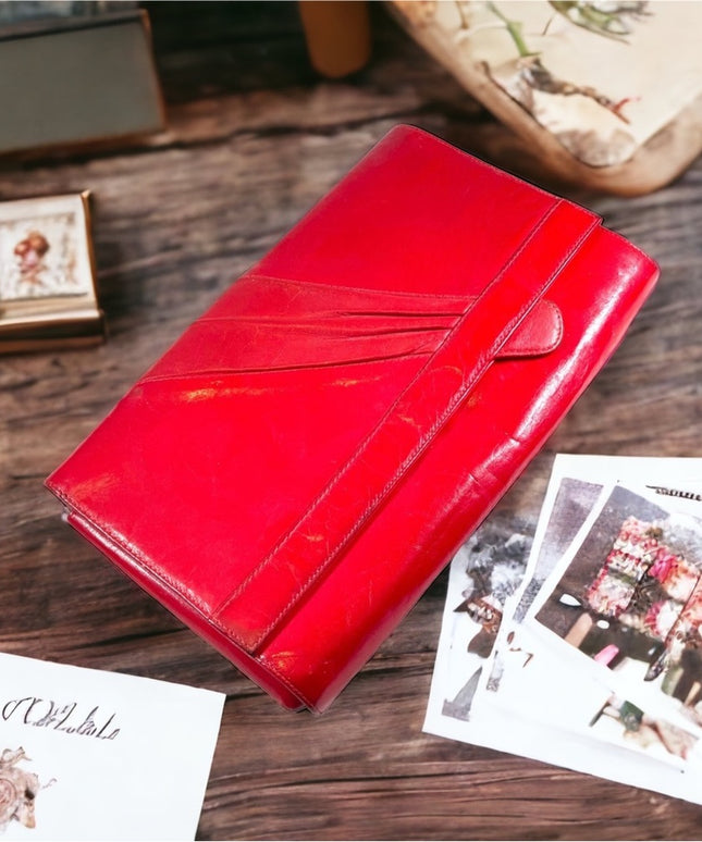 Vintage 1960s Fire RED fancy leather clutch sailor nautical Italy Pelle