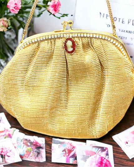 Vintage gold metalic  small mini rhinestone cameo purse wristlet