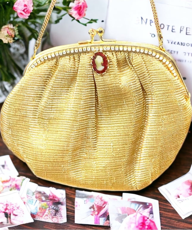 Vintage gold metalic  small mini rhinestone cameo purse wristlet