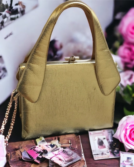 Vintage Large gold Metalic fancy patent leather purse Mid century 1950s Glam