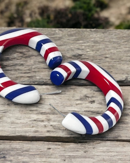 Vintage Red White blue Nautical patriotic US? Plastic hoop earrings