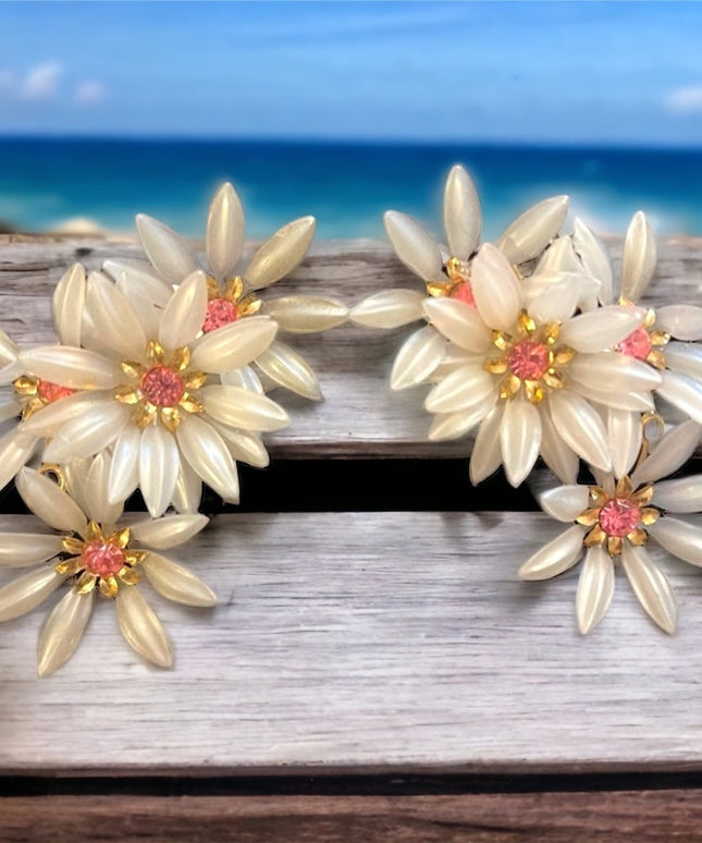 Vintage Coro plastic flowers with crystal accent earrings