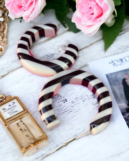 Vintage 1960s Black and white stripe hoop earrings