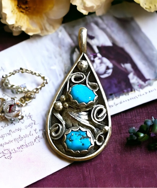 Vintage 1950s Sterling silver L stamp Turquoise Southwestern necklace pendant