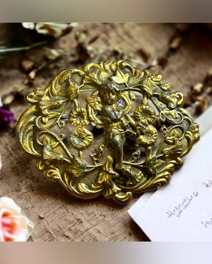 Antique 1920s Art Deco Cherub flower ornate design brass brooch sash