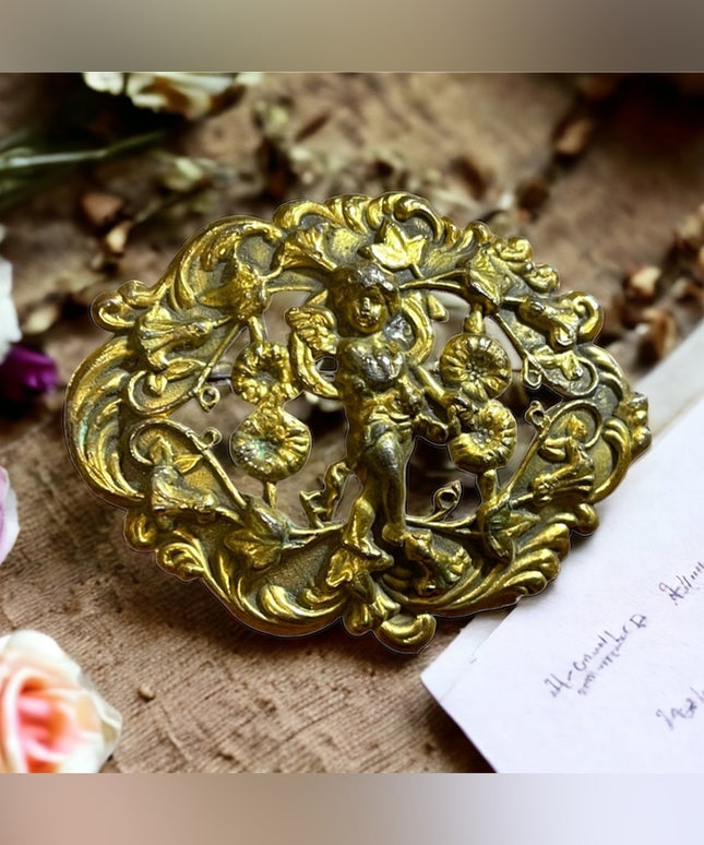 Antique 1920s Art Deco Cherub flower ornate design brass brooch sash