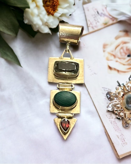 Vintage sterling silver 925 C CHAMA southwestern Malachite aqua garnet pendant