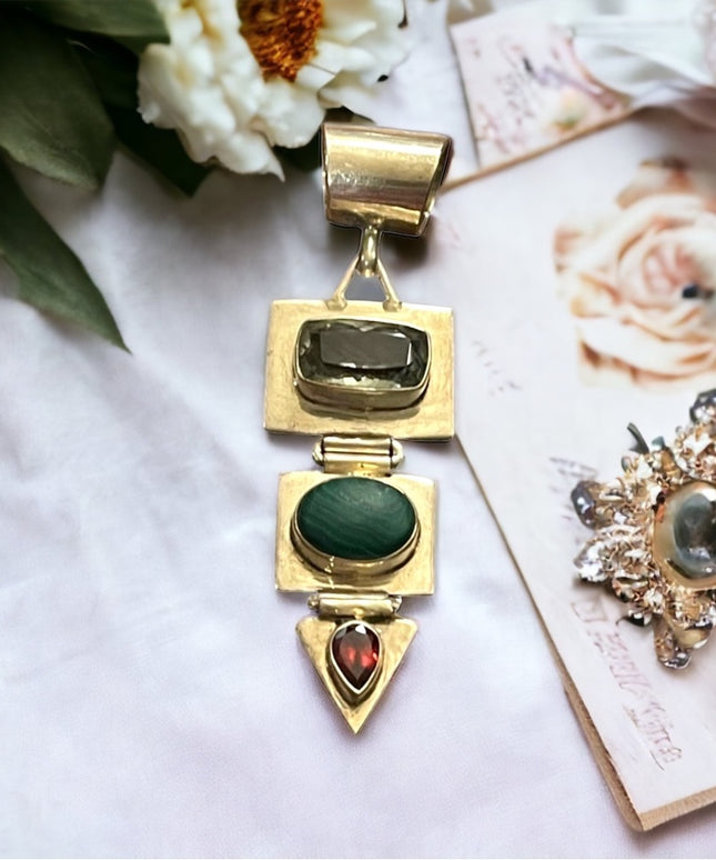 Vintage sterling silver 925 C CHAMA southwestern Malachite aqua garnet pendant