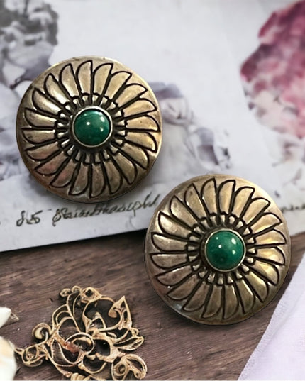 Vintage southwestern Turquoise etched native american design sterling earrings