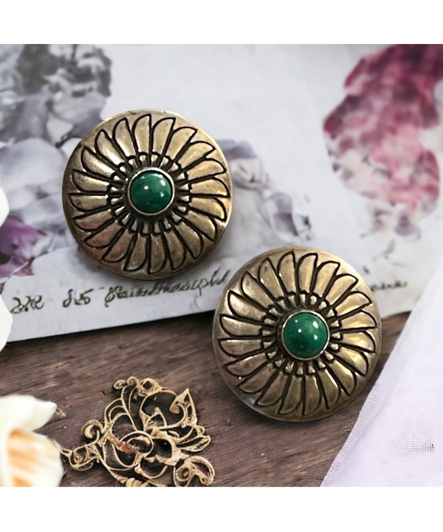 Vintage southwestern Turquoise etched native american design sterling earrings