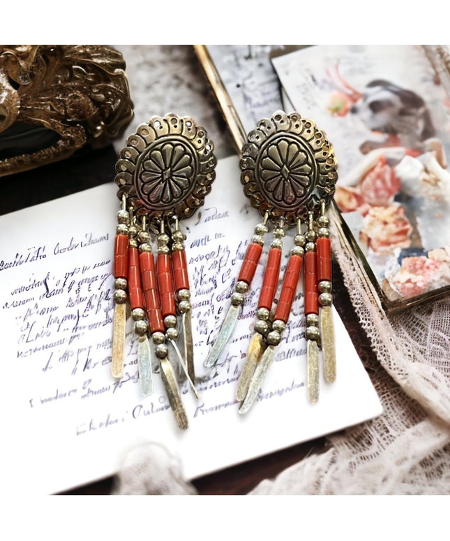 Vintage sterling silver coral concho southwestern Navajo dangle earrings