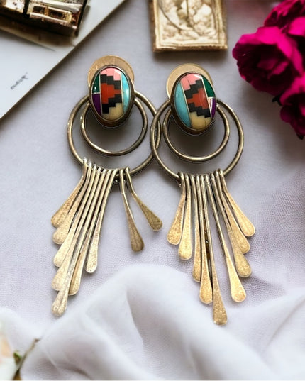 Vintage Sterling Inlaid Turquoise Multi Gemstone Earrings Southwestern Native