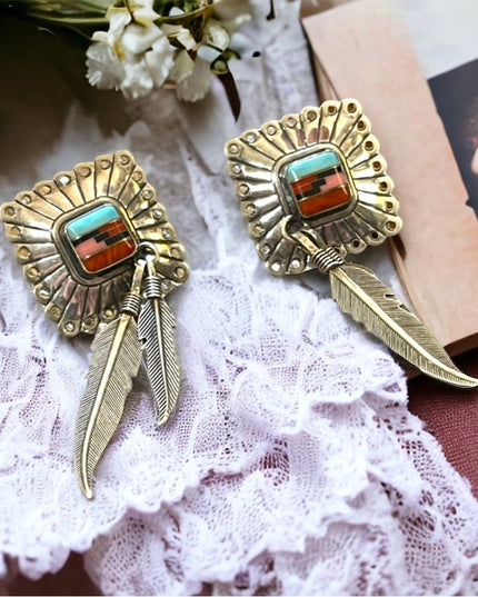 Vintage QT Sterling Inlaid Turquoise Multi Gemstone Earrings Southwestern