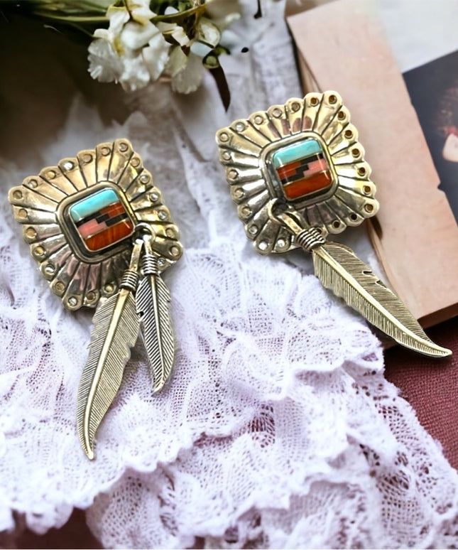 Vintage QT Sterling Inlaid Turquoise Multi Gemstone Earrings Southwestern