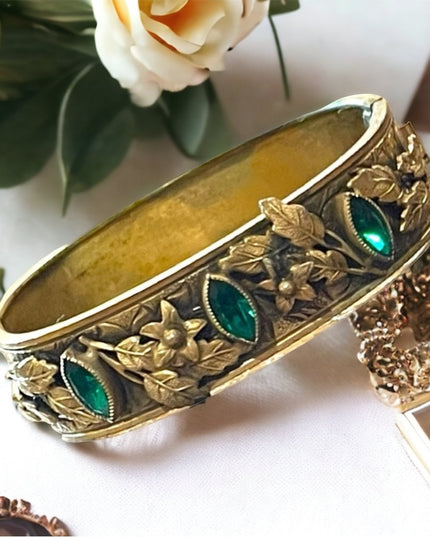 Antique Victorian Gold filled Green CZECH paste glass fabcy leaf ornate bangle