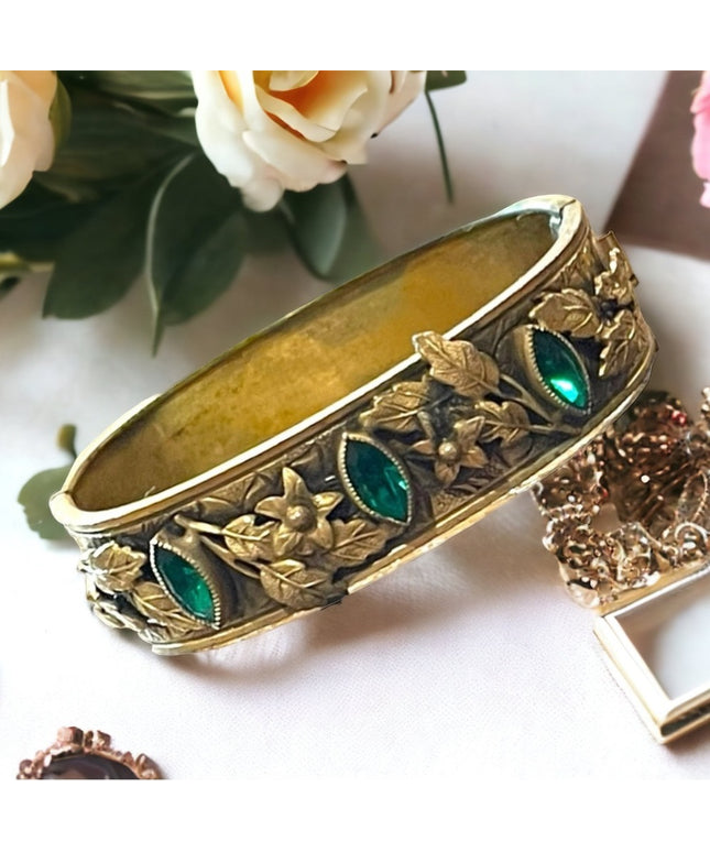 Antique Victorian Gold filled Green CZECH paste glass fabcy leaf ornate bangle