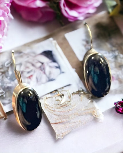 Vintage sterling silver 925 black onyx oval fancy drop earrings