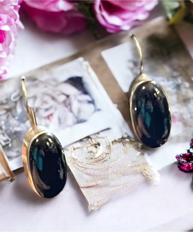 Vintage sterling silver 925 black onyx oval fancy drop earrings