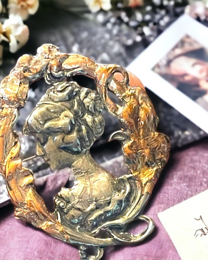 1995 Silver pewter copper leafed Gibson Girl brooch