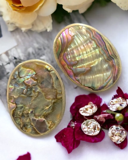 Vintage Mexican Alpaca Abalone Oval clip on earrings shell