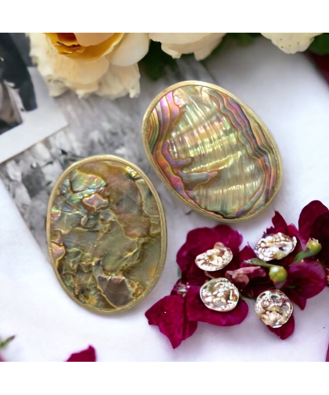 Vintage Mexican Alpaca Abalone Oval clip on earrings shell