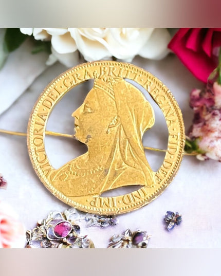 Antique Gold plated Queen 1899 Gold plate Queen Elizabeth coin brooch