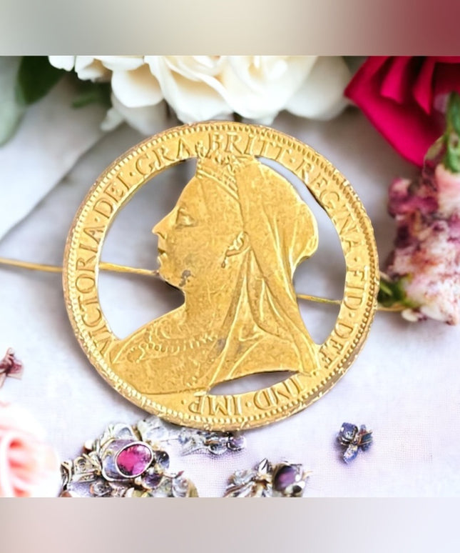 Antique Gold plated Queen 1899 Gold plate Queen Elizabeth coin brooch