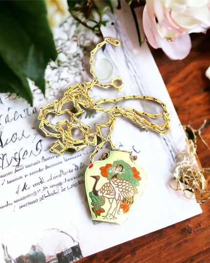 Vintage chinese cloissone Hand painted enameled small bird vase necklace
