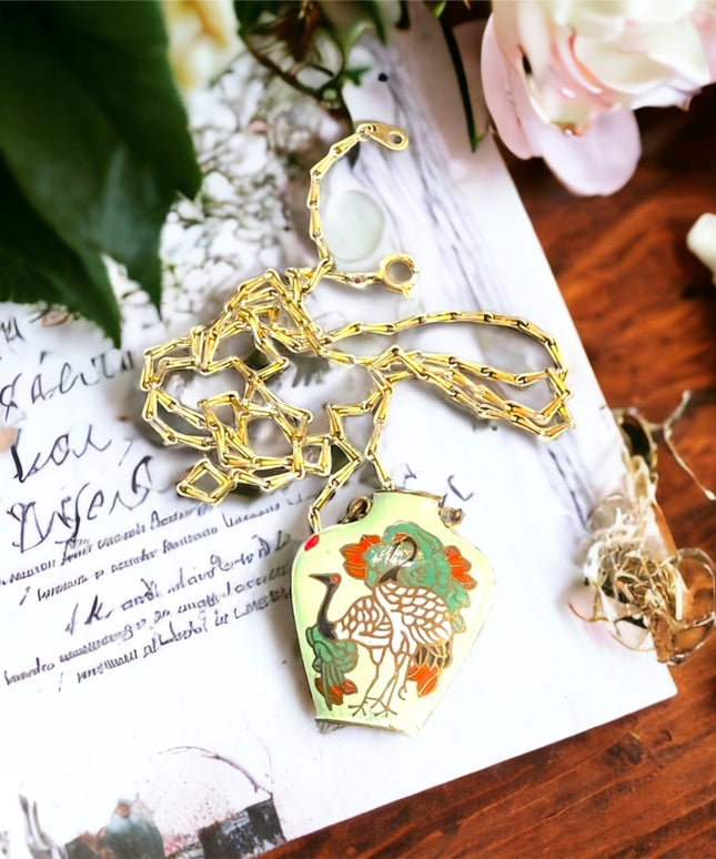 Vintage chinese cloissone Hand painted enameled small bird vase necklace