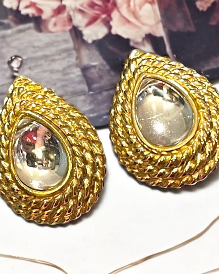 Vintage gold tone glass chunky earrings clip on tear drop
