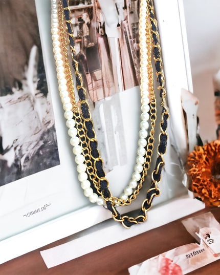 Vintage faux pearl gold multi strand statement necklace
