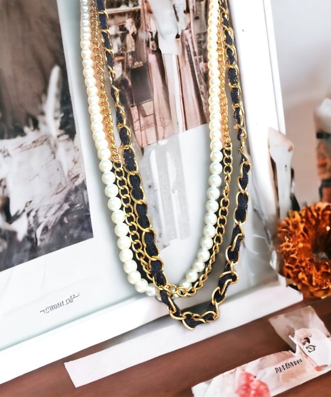 Vintage faux pearl gold multi strand statement necklace
