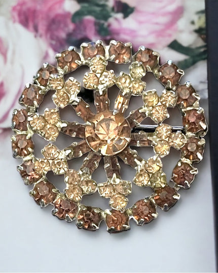 Vintage purple crystal flower round brooch