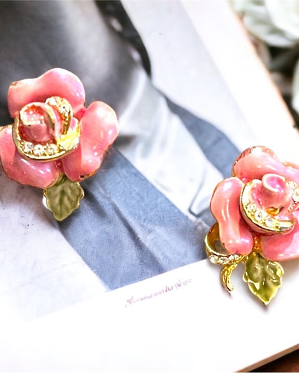 Lovely Vintage Pink roses Enameled Rhinestone crystal clip on earrings
