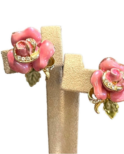 Lovely Vintage Pink roses Enameled Rhinestone crystal clip on earrings