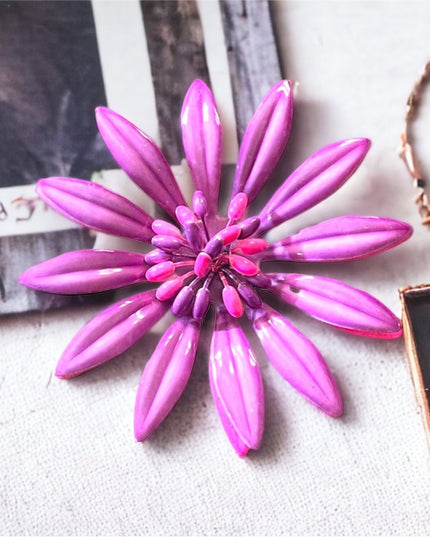 Vintage 1960s pink and purple large fancy metal flower brooch