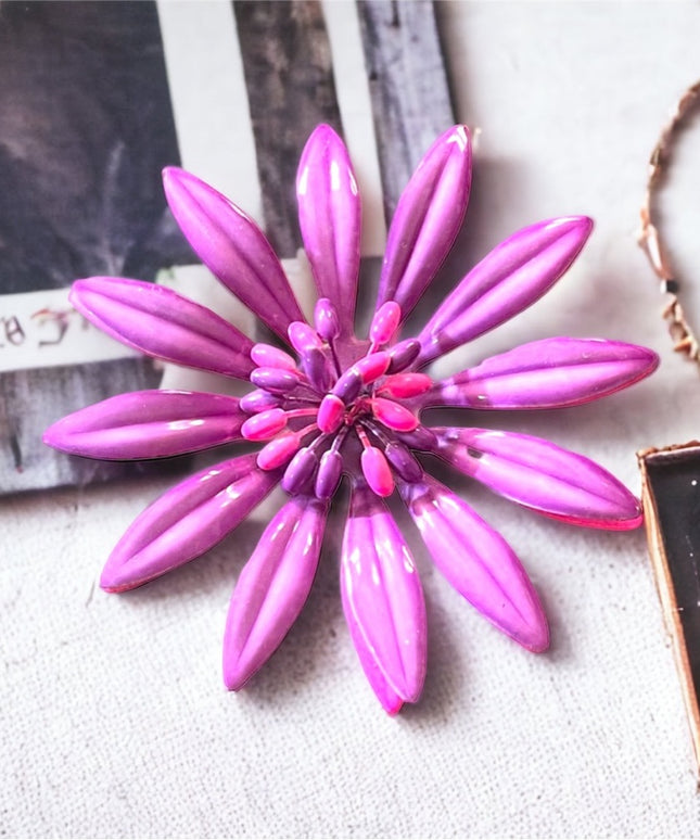 Vintage 1960s pink and purple large fancy metal flower brooch